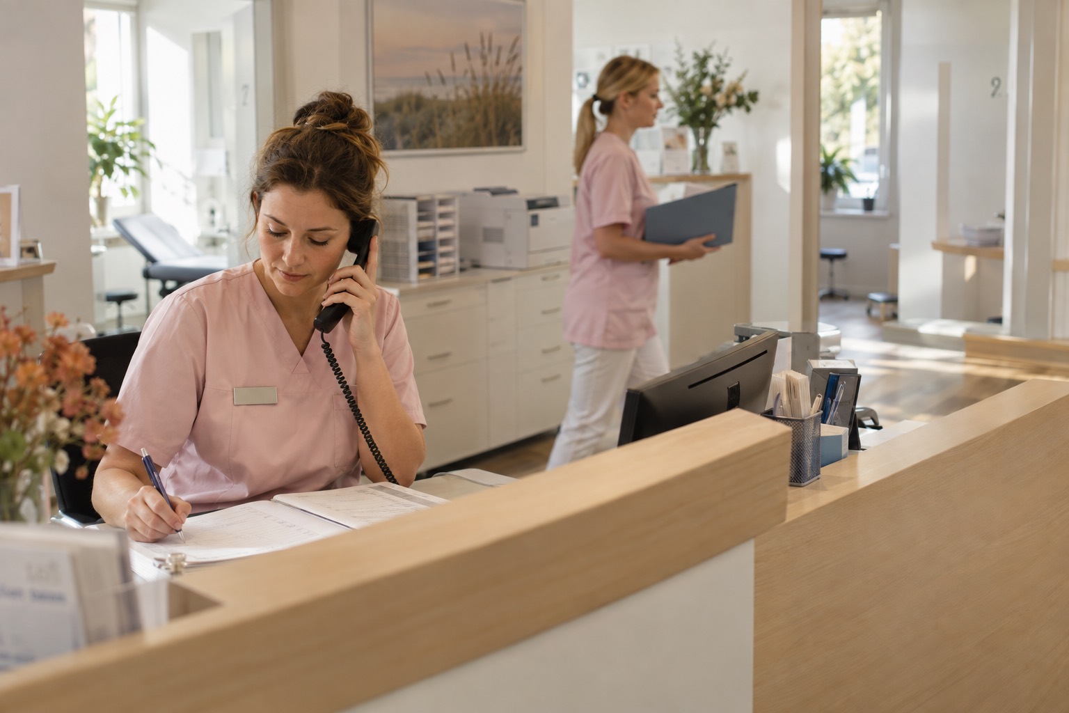 Medical assistant at the front desk on the phone, noting an appointment, with a colleague carrying a folder in the background
