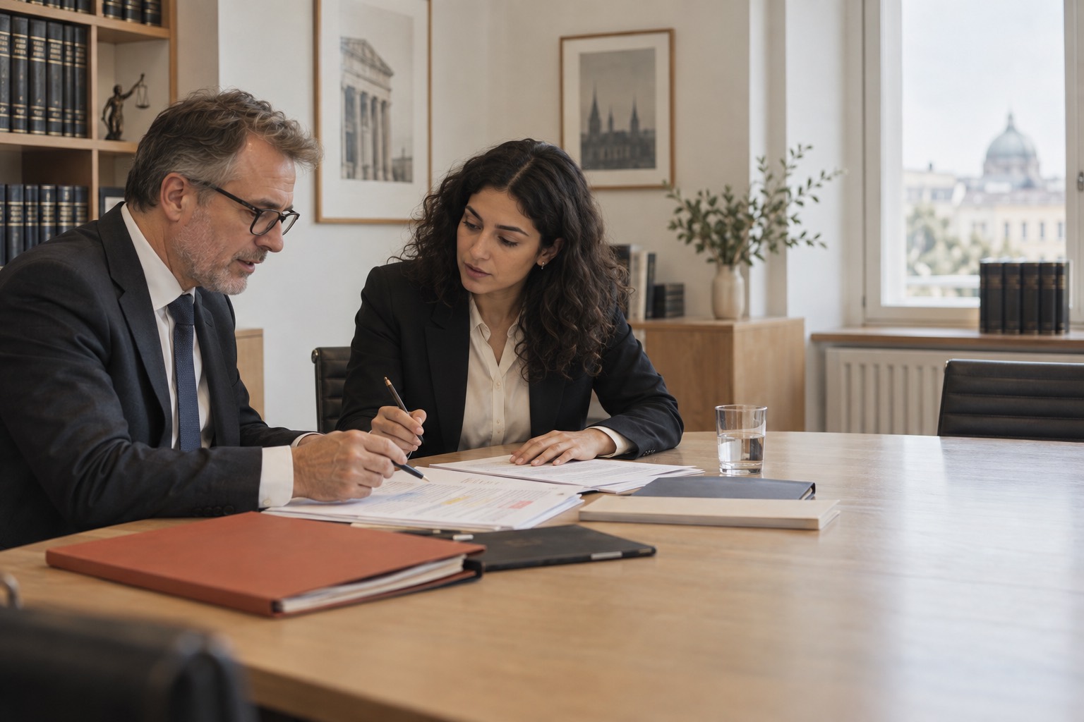 Two attorneys, an older man and a younger woman, going over a draft agreement with pencil notes at a conference table