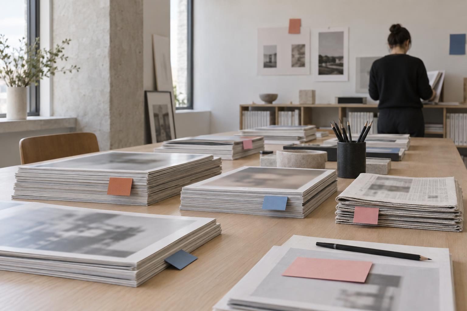 Stapel von Zeitschriften und Belegexemplaren mit farbigen Karteikarten