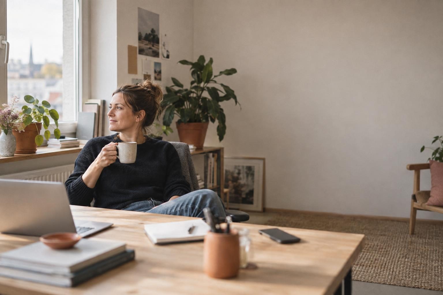 Founder with a coffee at her laptop in a bright office