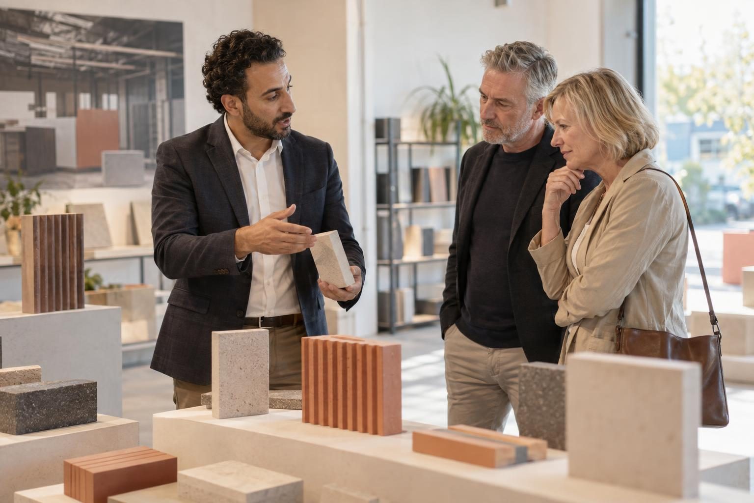 Berater zeigt einem Paar im Showroom Materialmuster