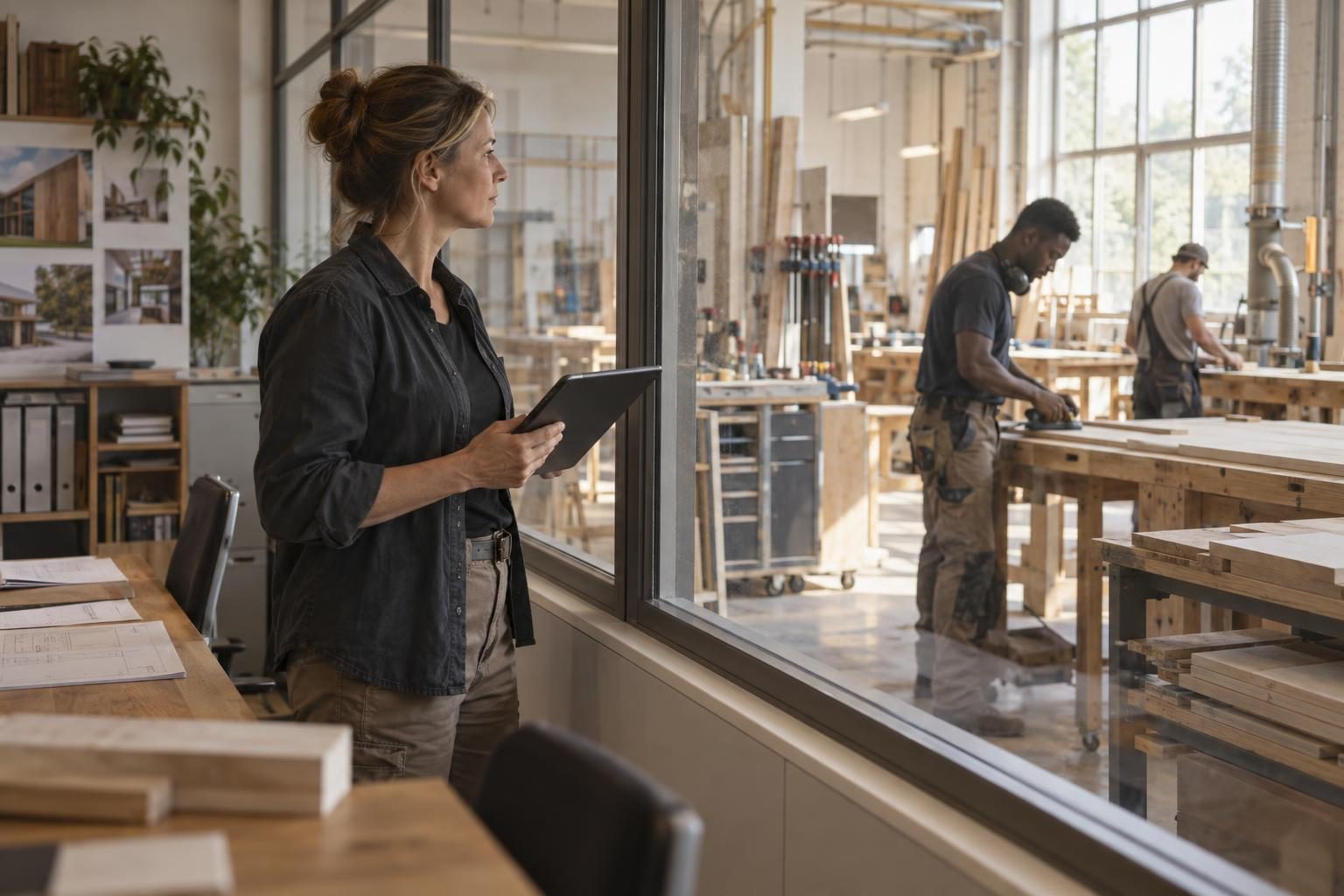 Inhaberin mit Tablet in ihrem Betrieb, hinter der Glaswand arbeitet das Team