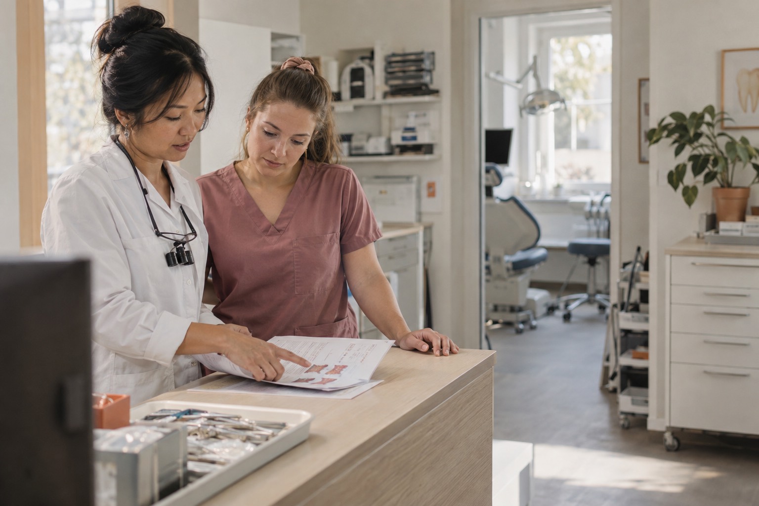 Dentist and dental assistant reviewing a printed treatment plan together at the front desk