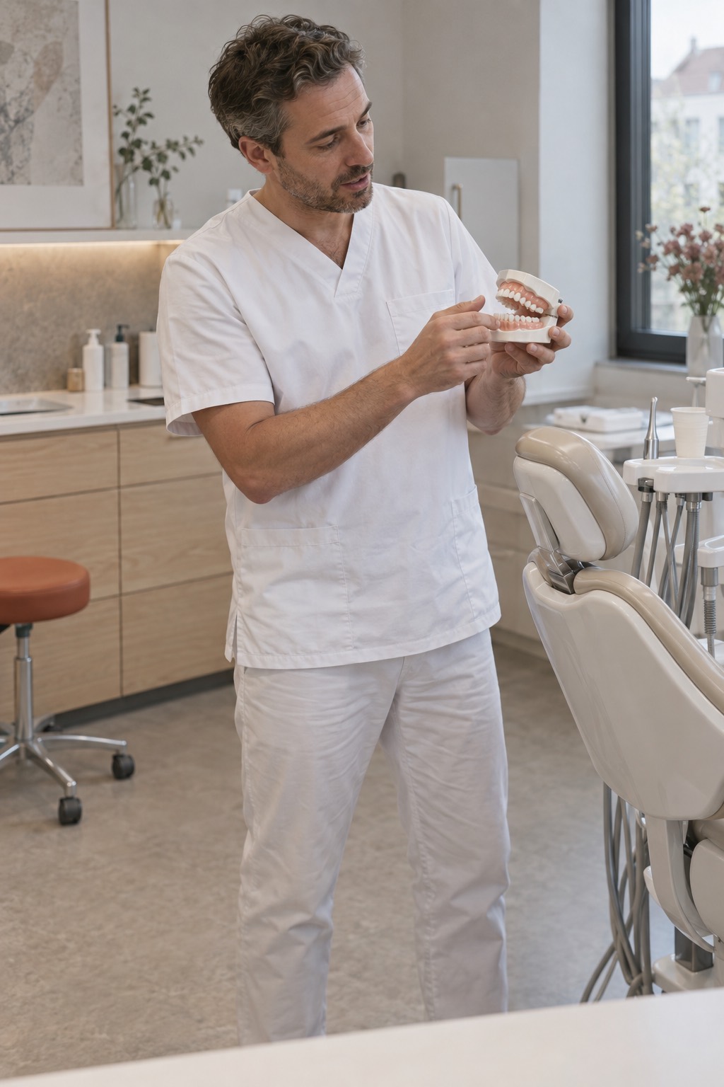 Dentist explaining something on a jaw model next to the treatment chair